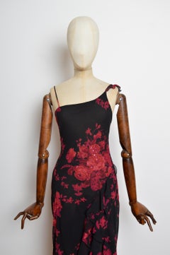 Anfang 2000's Vintage Schwarz & Rot Perlen Floral Rüsche Bias Cut Langes Abendkleid