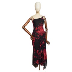 Anfang 2000's Vintage Schwarz & Rot Perlen Floral Rüsche Bias Cut Langes Abendkleid