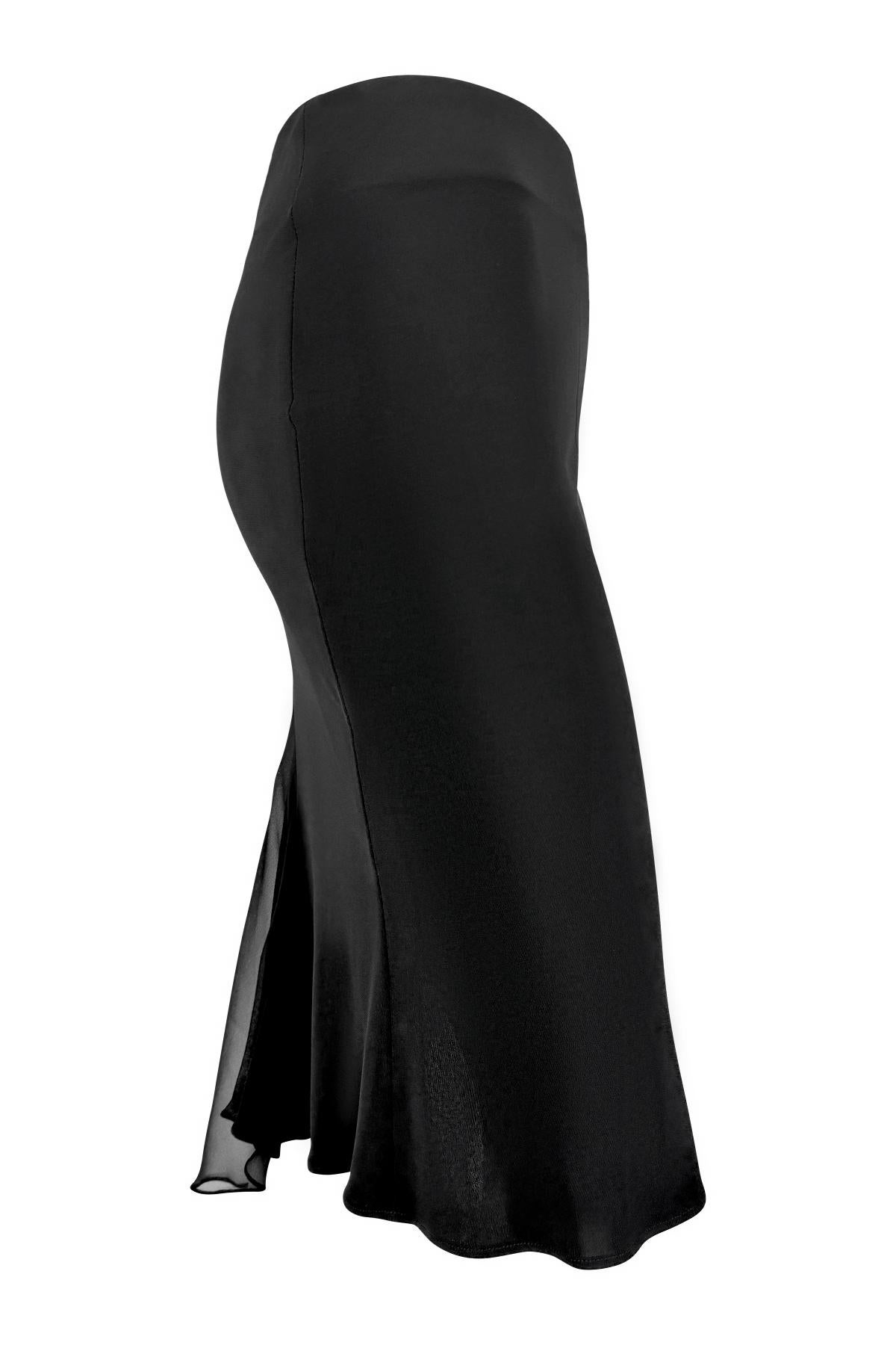Early 2000s Yigal Azrouël Black Bodycon Stretch Chiffon Panel Midi Skirt For Sale 2