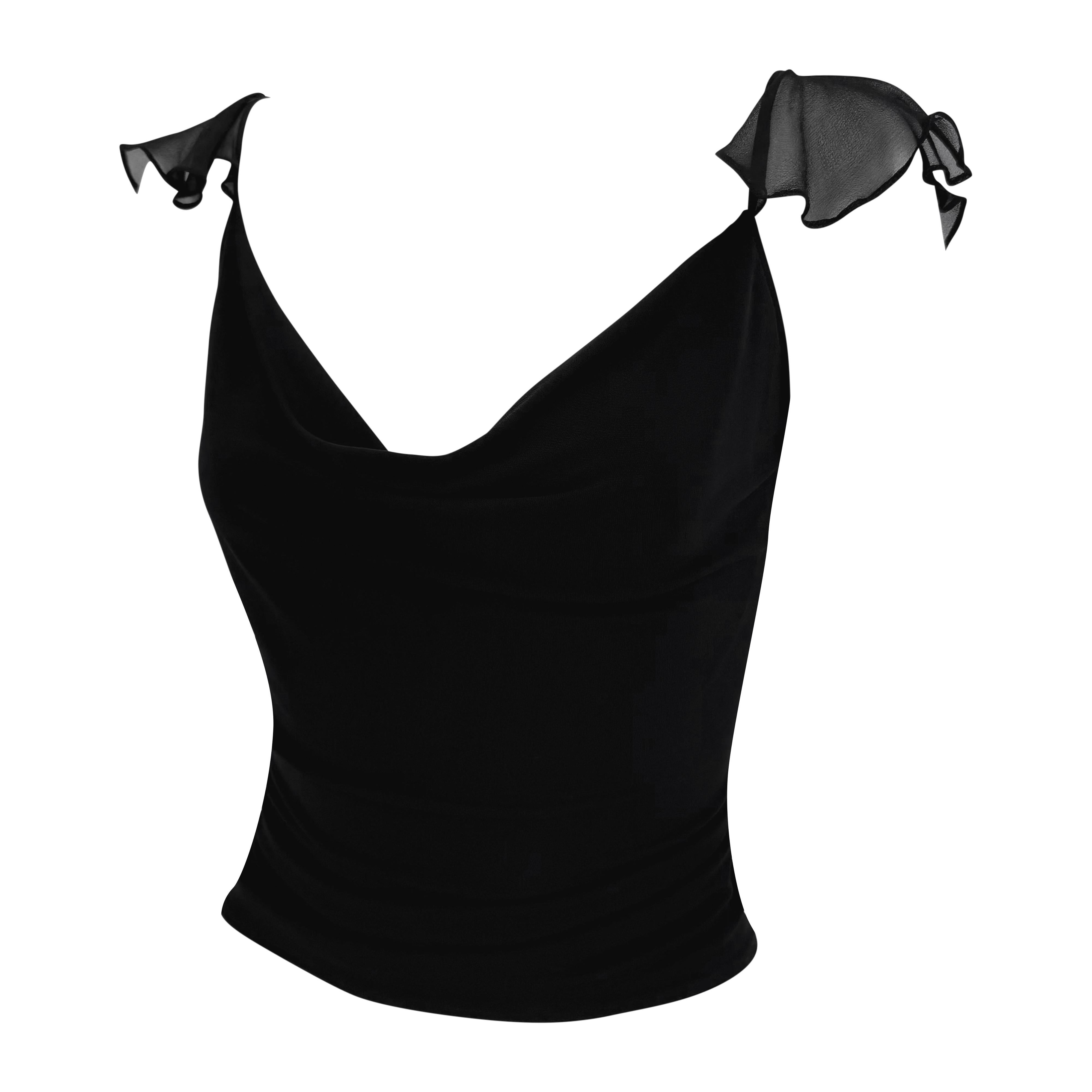Dieses schwarze Stretch-Tank-Top von Yigal Azrouël aus den frühen 2000er-Jahren zeichnet sich durch einen weichen Kuttenausschnitt und durchsichtige Träger aus Seidenchiffon mit Rüschenbesatz aus, die in einen dramatisch offenen Rücken
