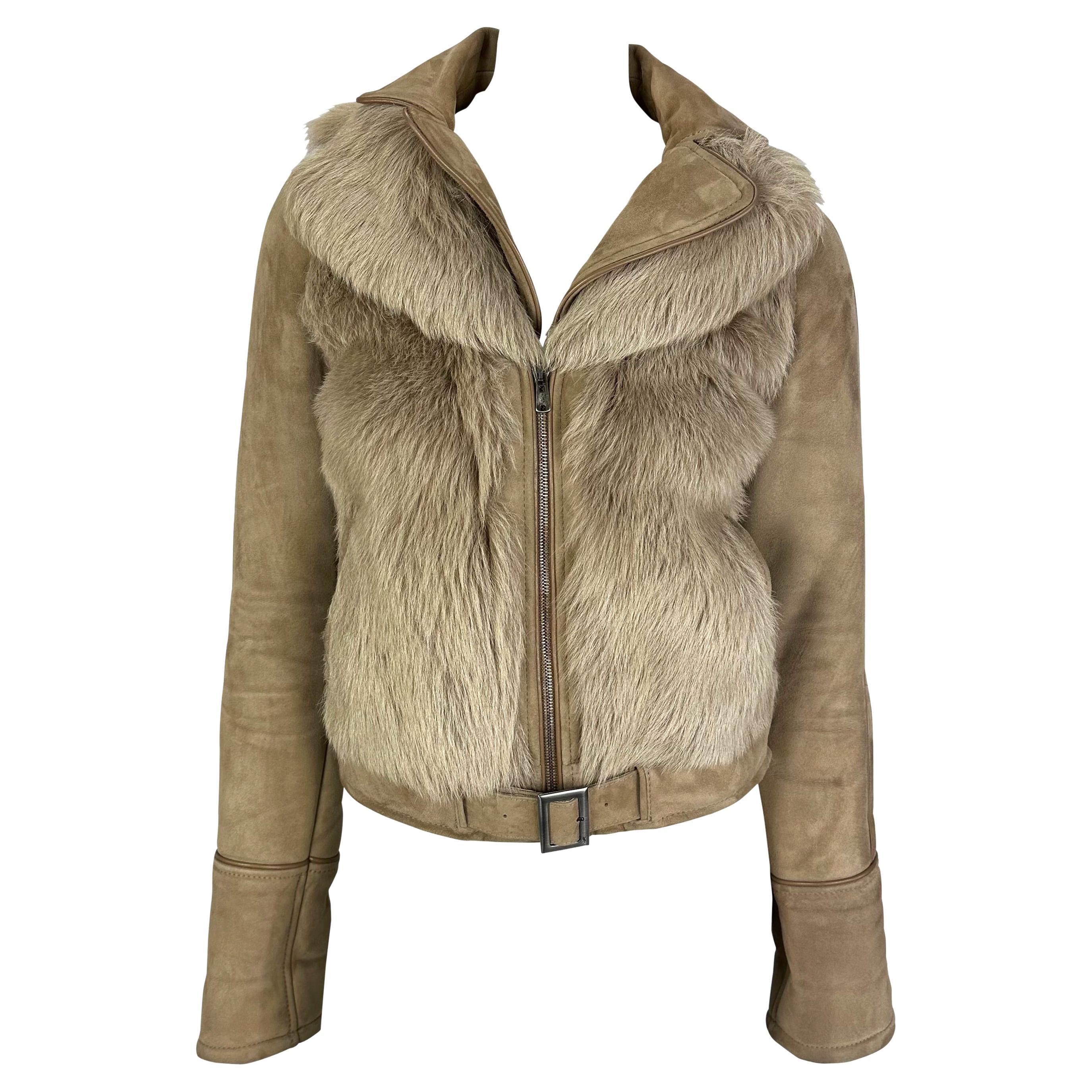 Early 2000s Yves Saint Laurent Beige Suede Fur Monochrome Moto Jacket For Sale