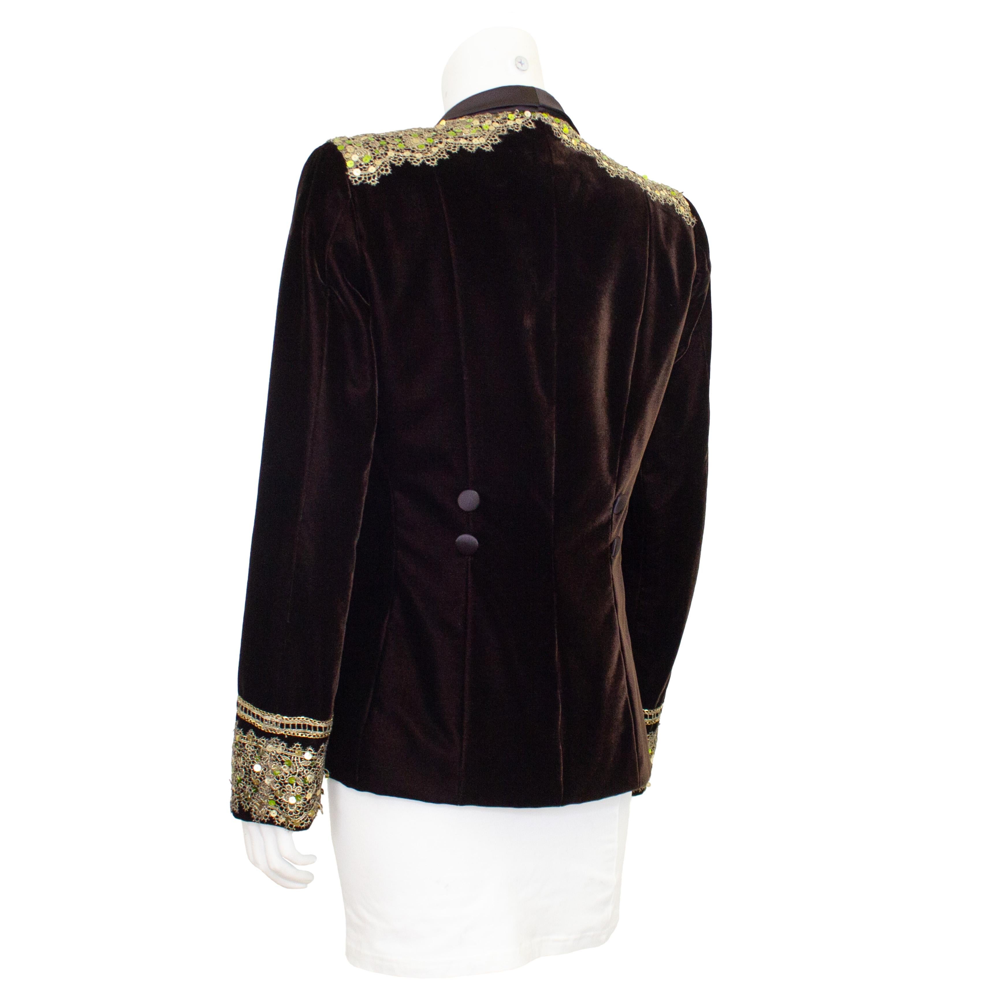 Black Early 2000's Yves Saint Laurent Rive Gauche Brown Velvet Embroidered Jacket For Sale