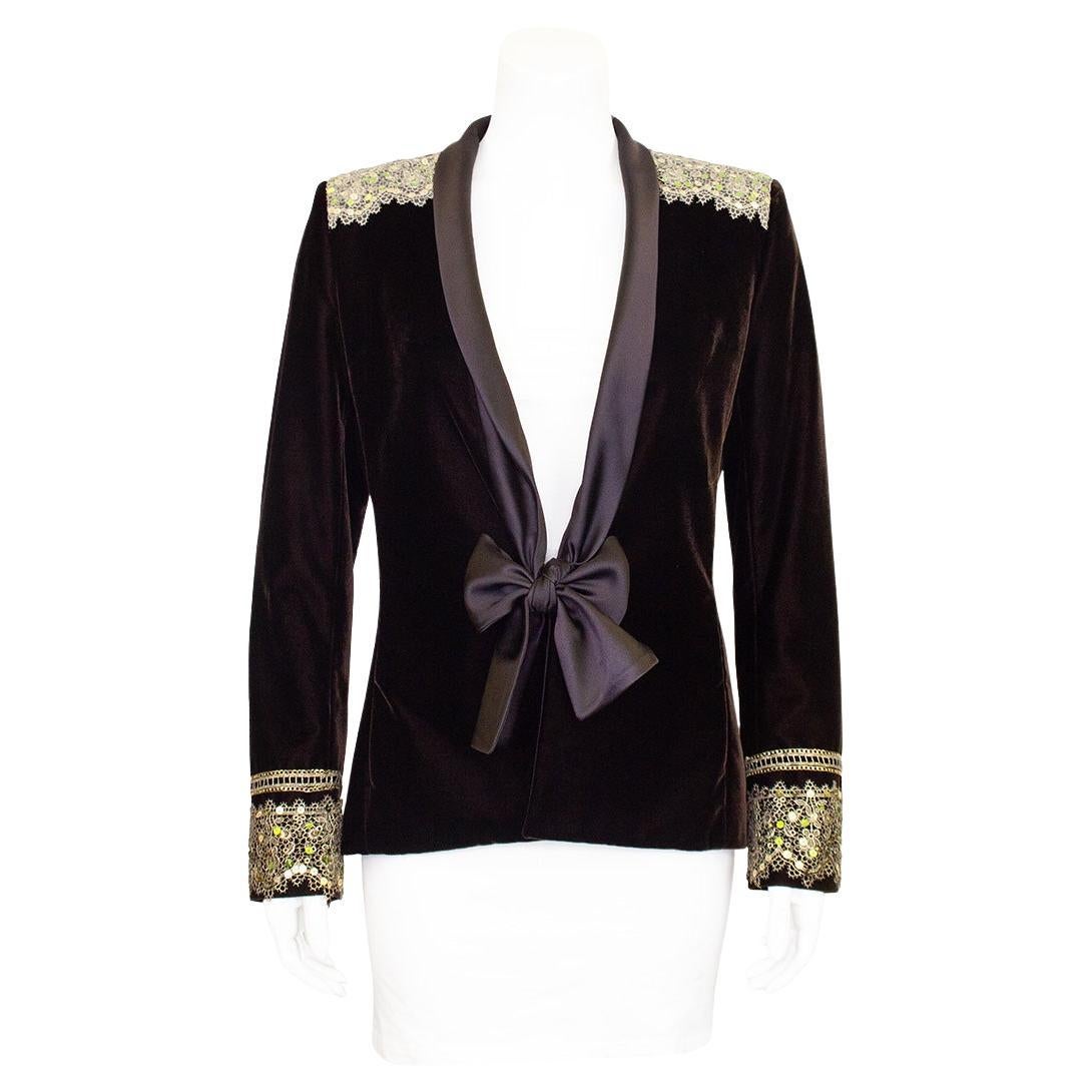 Early 2000's Yves Saint Laurent Rive Gauche Brown Velvet Embroidered Jacket For Sale
