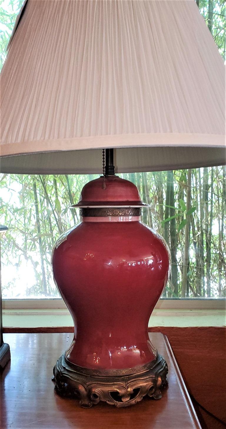 American Dedham Style Pottery Sang de Boeuf & Gilt Bronze Table Lamp For Sale 8