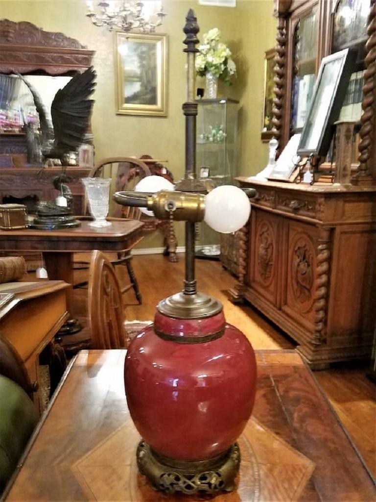 Early 20C American Dedham Style Sang de Boeuf Pottery & Gilt Bronze Table Lamp For Sale 4