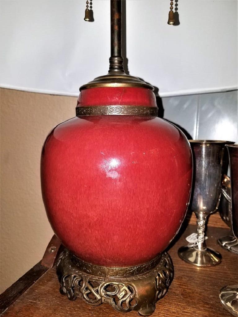 Lampe de table en bronze doré et poterie Sang de Boeuf, style Dedham, du début du 20e siècle en vente 4