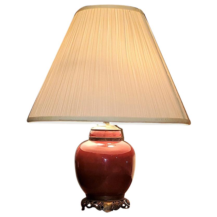 Early 20C American Dedham Style Sang de Boeuf Pottery & Gilt Bronze Table Lamp For Sale