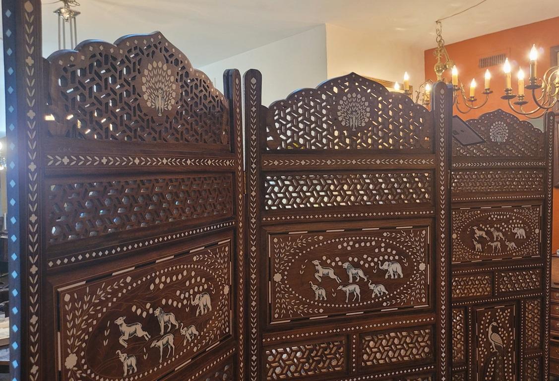 20C Anglo Indian Style Double Sided Profusely Inlaid 4 Panel Screen For Sale 12