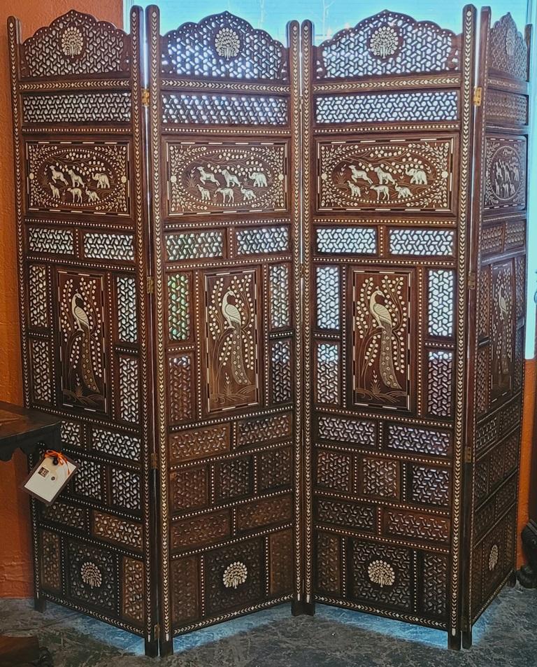 20C Anglo Indian Style Double Sided Profusely Inlaid 4 Panel Screen For Sale 13