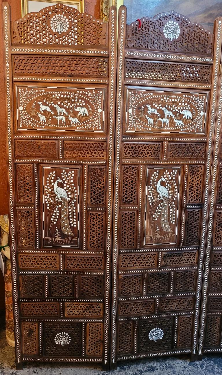 Anglo-Indian 20C Anglo Indian Style Double Sided Profusely Inlaid 4 Panel Screen For Sale