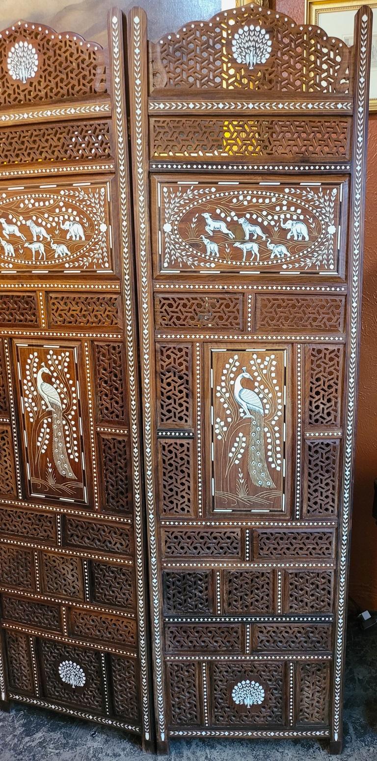 20th Century 20C Anglo Indian Style Double Sided Profusely Inlaid 4 Panel Screen For Sale