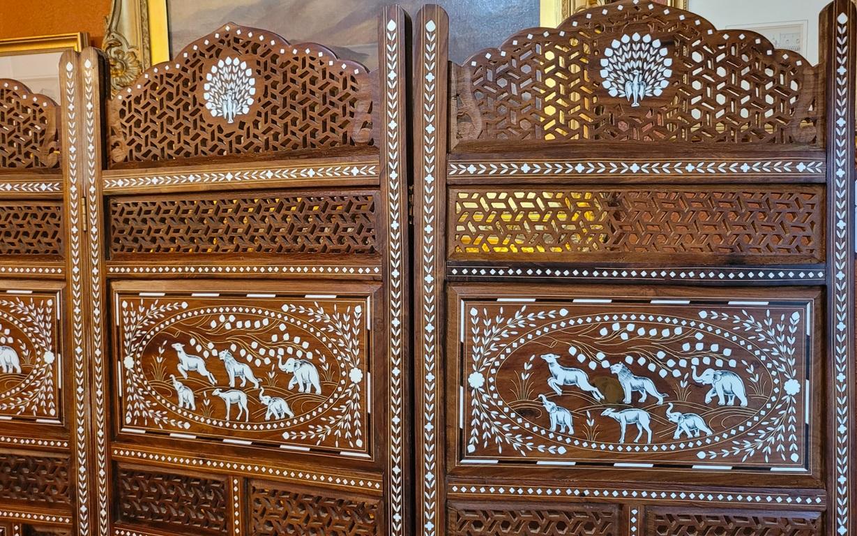 Ebony 20C Anglo Indian Style Double Sided Profusely Inlaid 4 Panel Screen For Sale