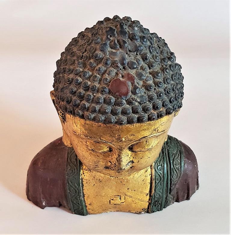 Cast Early 20th Century Cambodian Gilt and Painted Iron Buddha Bust