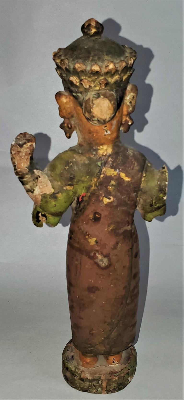 Early 20th Century Cambodian Polychrome Female Figurine In Fair Condition For Sale In Dallas, TX