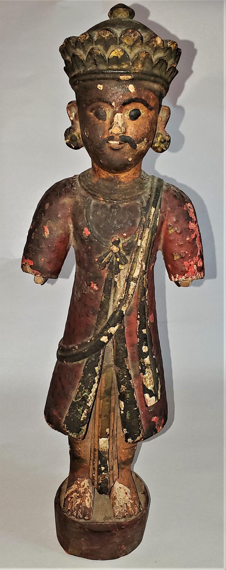 Early 20th Century Cambodian Polychrome Male Figurine In Fair Condition For Sale In Dallas, TX