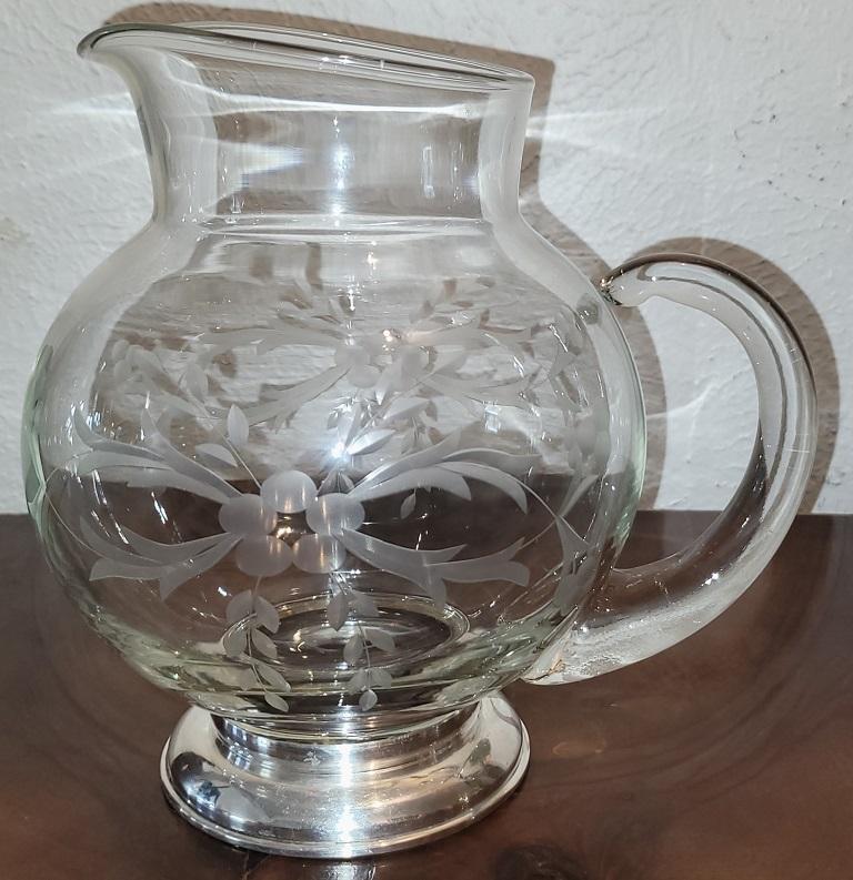 Art Nouveau Early 20C Etched Crystal Jug with Sterling Silver Base by Arthur A Everts For Sale