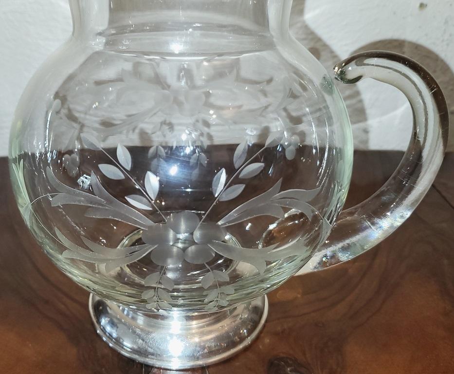 American Early 20C Etched Crystal Jug with Sterling Silver Base by Arthur A Everts For Sale