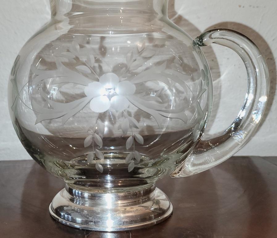 Hand-Crafted Early 20C Etched Crystal Jug with Sterling Silver Base by Arthur A Everts For Sale
