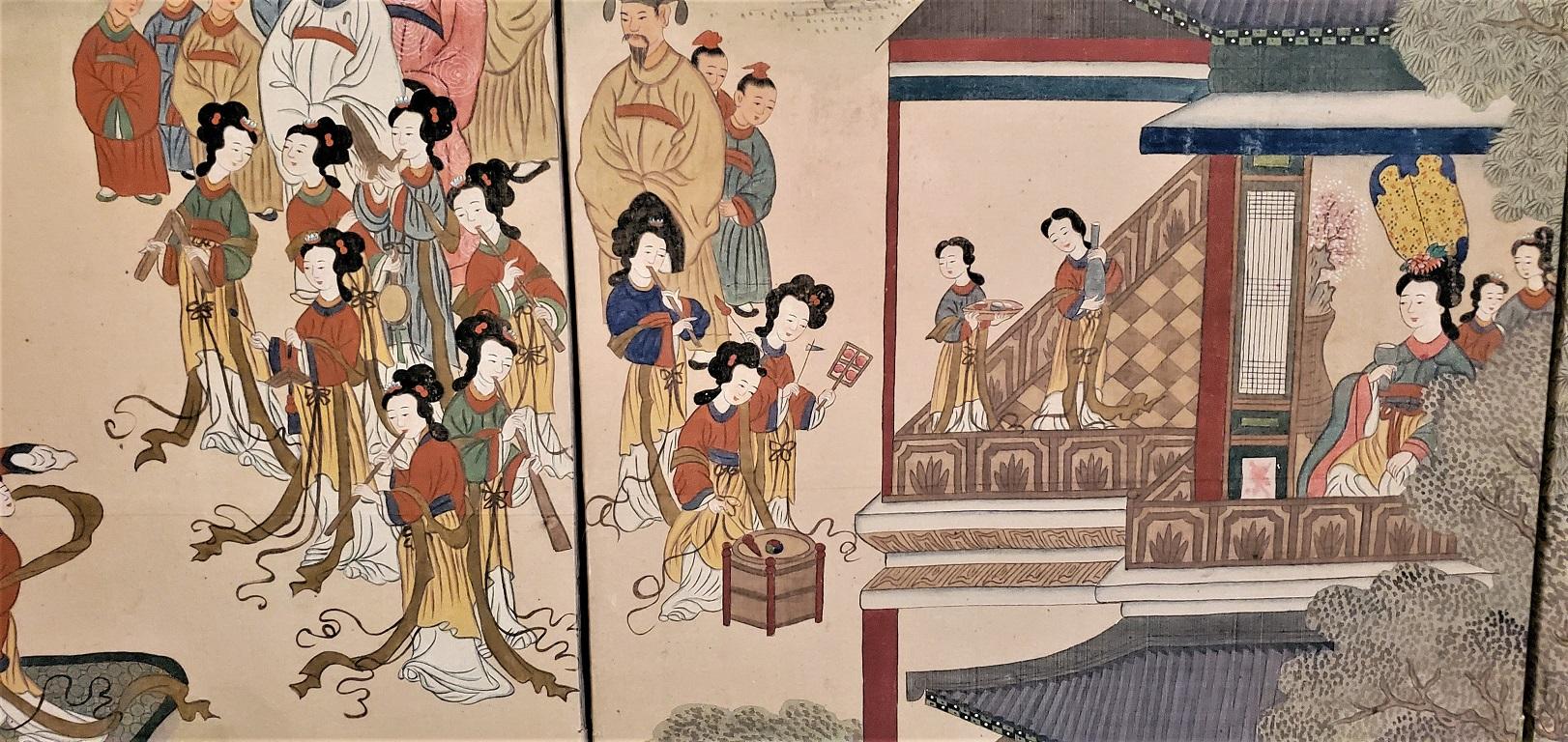 Country Exceptional Early 20C Korean 8 Panel Hand-painted Silk Screen/Divider For Sale