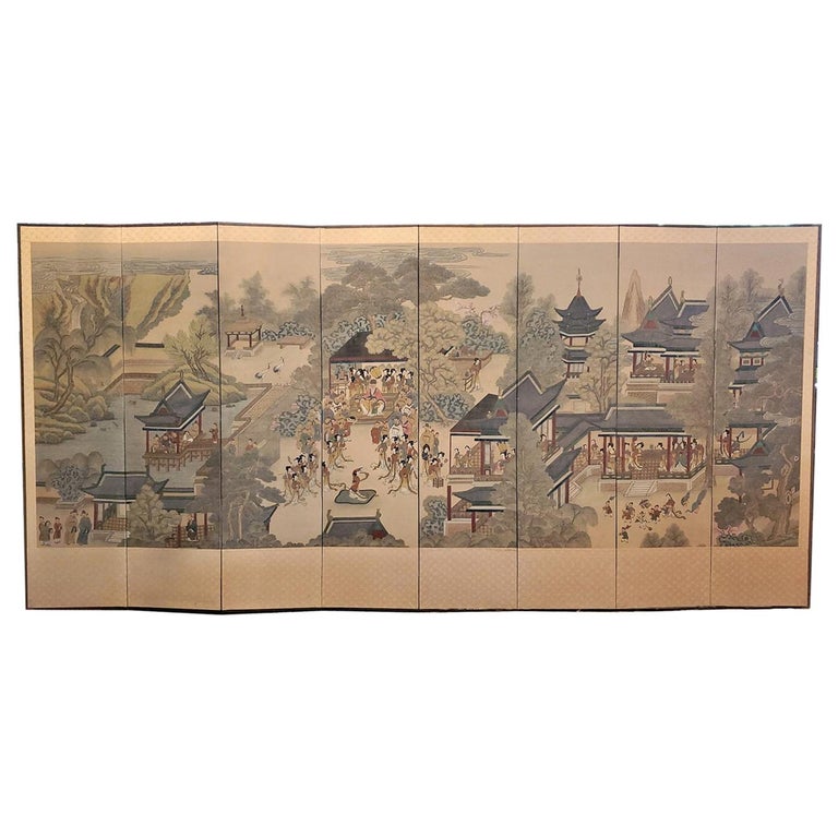 Early 20th Century Korean 8-Panel Hand Painted Screen For Sale