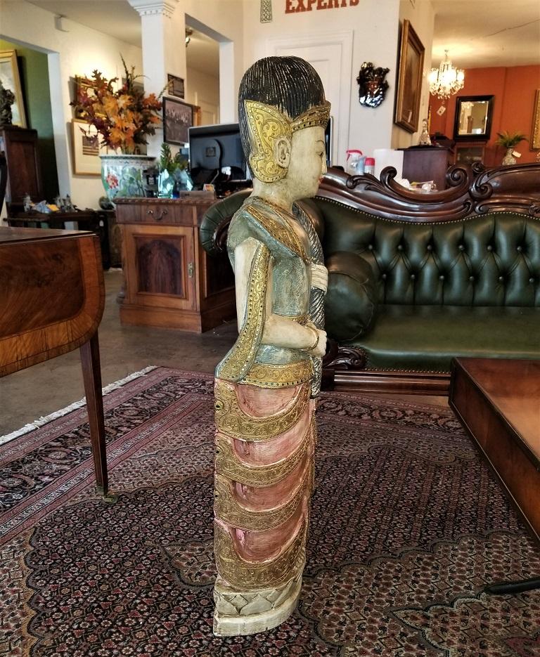 Hardwood Early 20th Century Thai Goddess Polychrome Statue For Sale