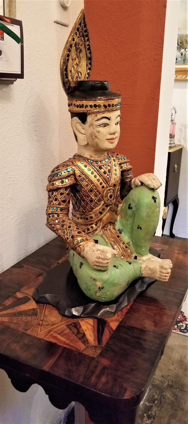 Early 20th Century Thai Seated Boy Emperor Polychrome Statue For Sale 2