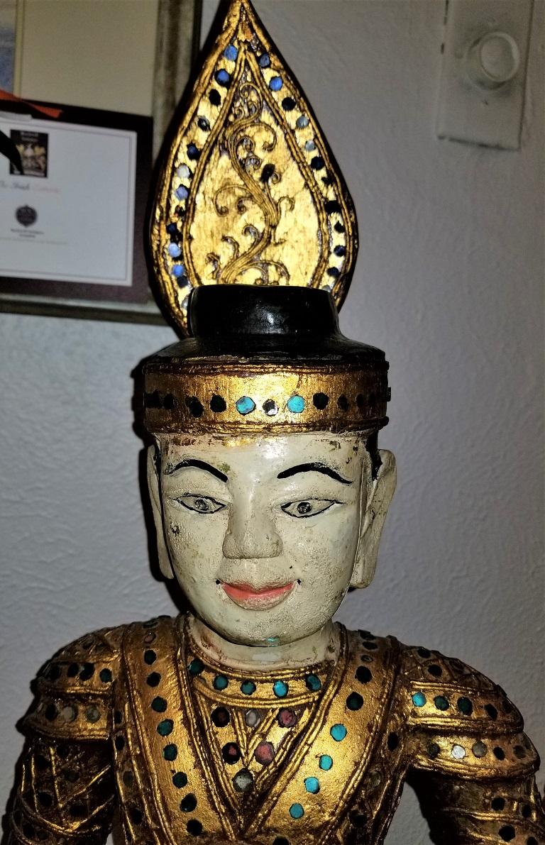 Hand-Carved Early 20C Thai Seated Boy Emperor Rama VIII Polychrome Statue For Sale