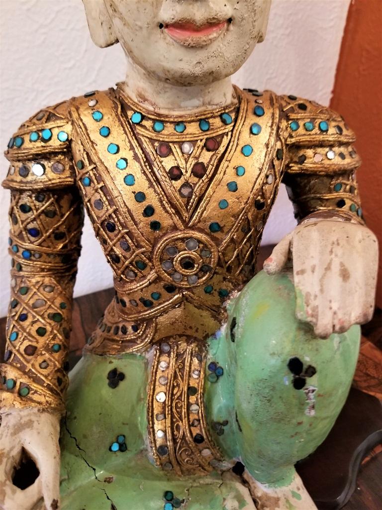 Hardwood Early 20th Century Thai Seated Boy Emperor Polychrome Statue For Sale
