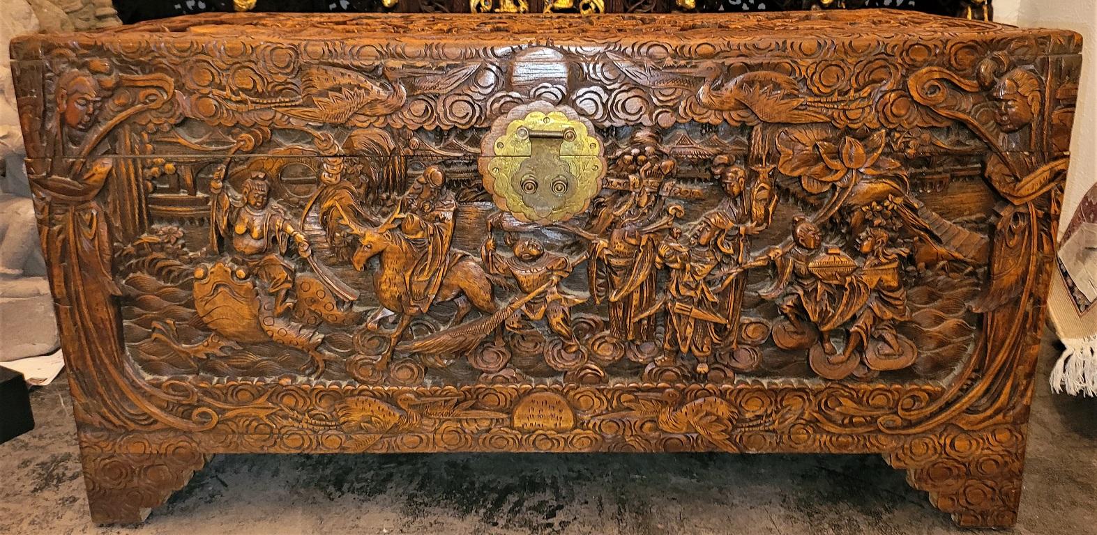 Hardwood Early 20C The Queen Playing with Sword Camphor Dowry Chest