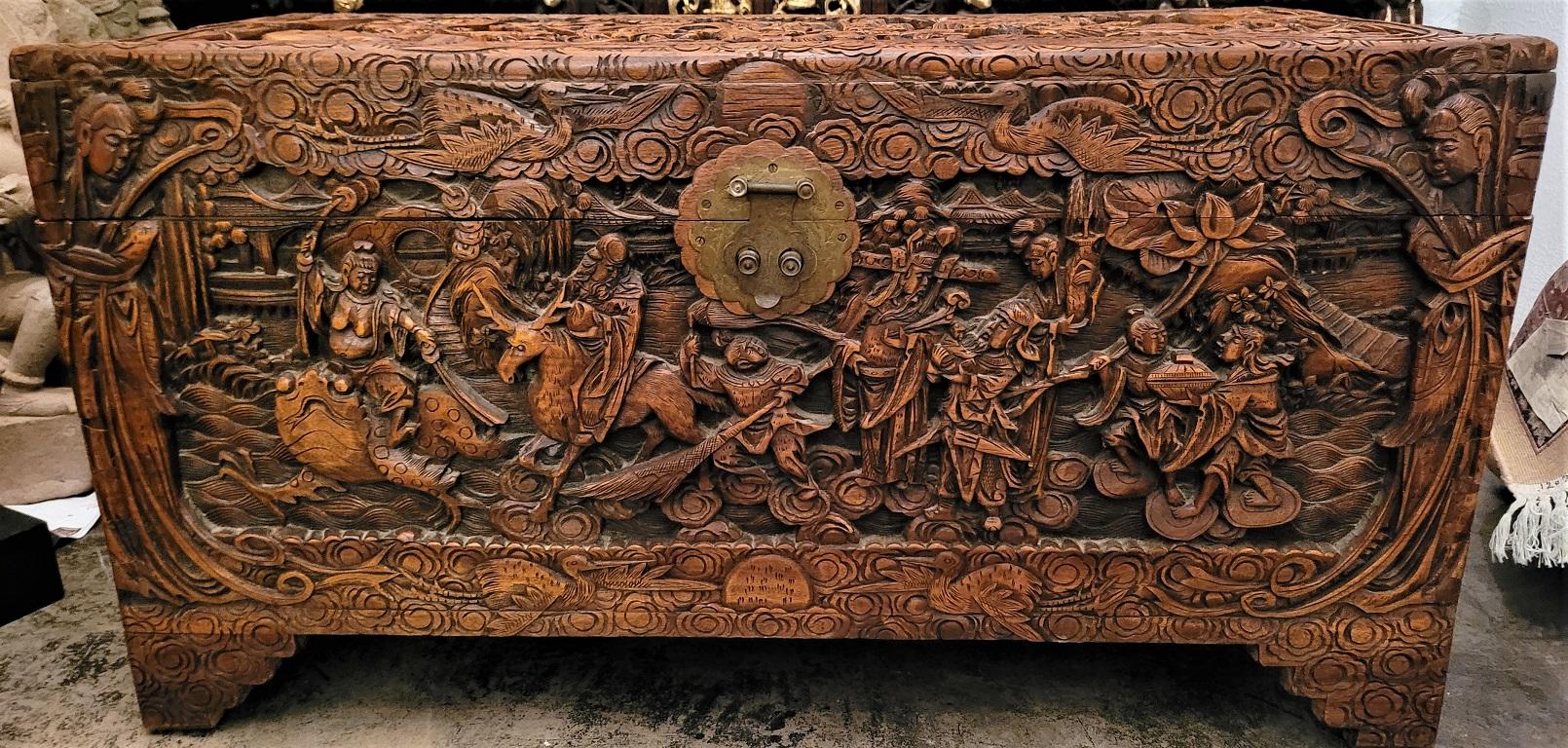 Early 20C The Queen Playing with Sword Camphor Dowry Chest In Good Condition In Dallas, TX