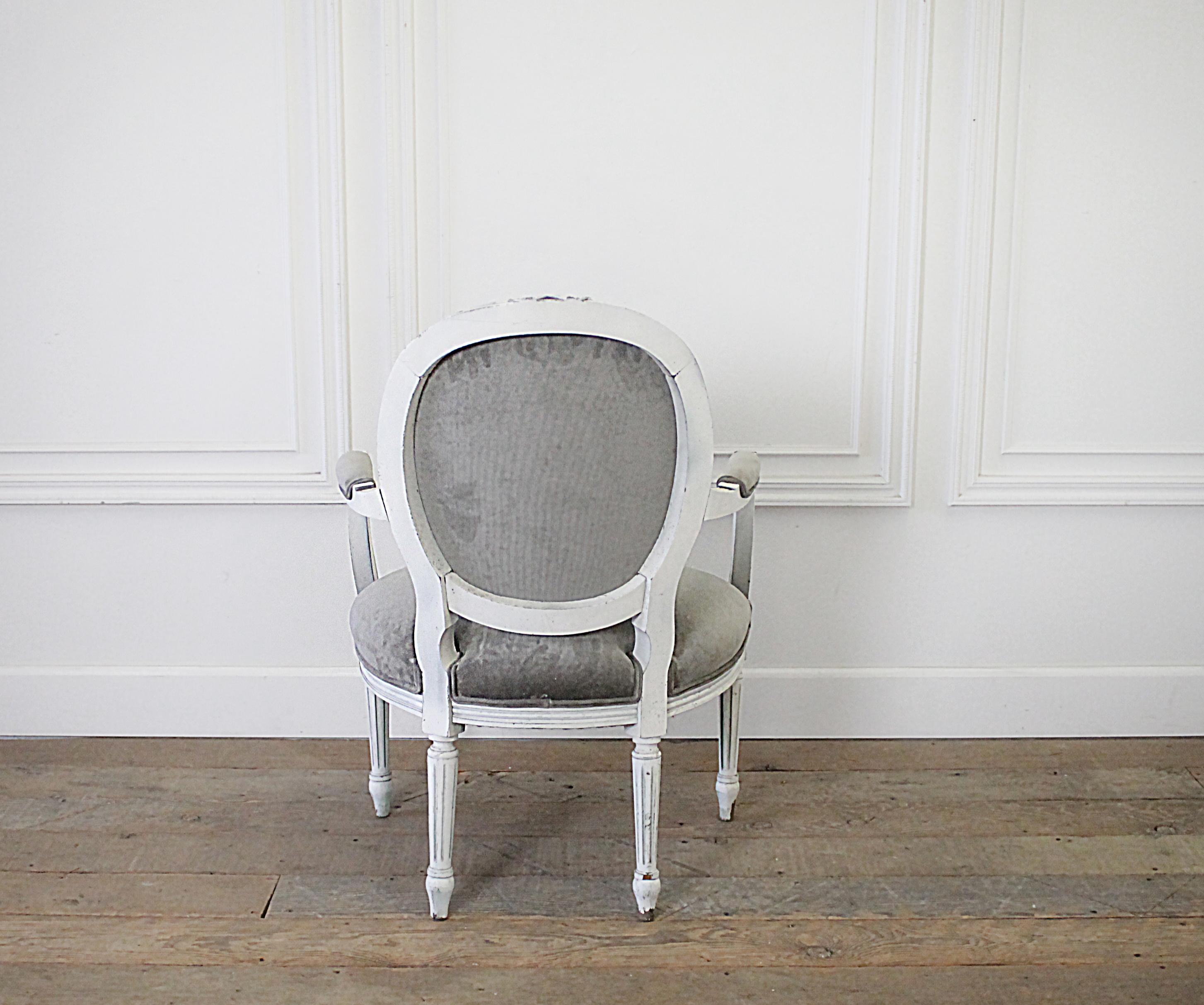 Early 20h Century Carved and Painted French Louis XVI Style Open Armchair In Good Condition In Brea, CA