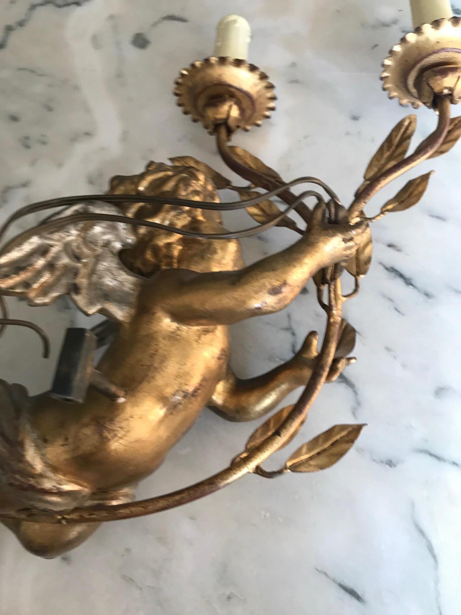Early 20th Century French Golden Wood Pair of Angel Sconces 7