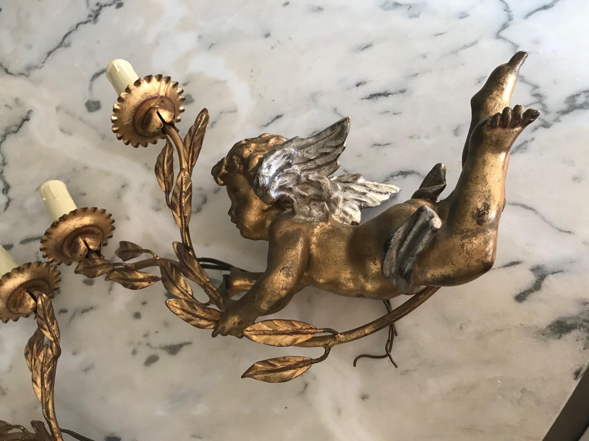 Gilt Early 20th Century French Golden Wood Pair of Angel Sconces