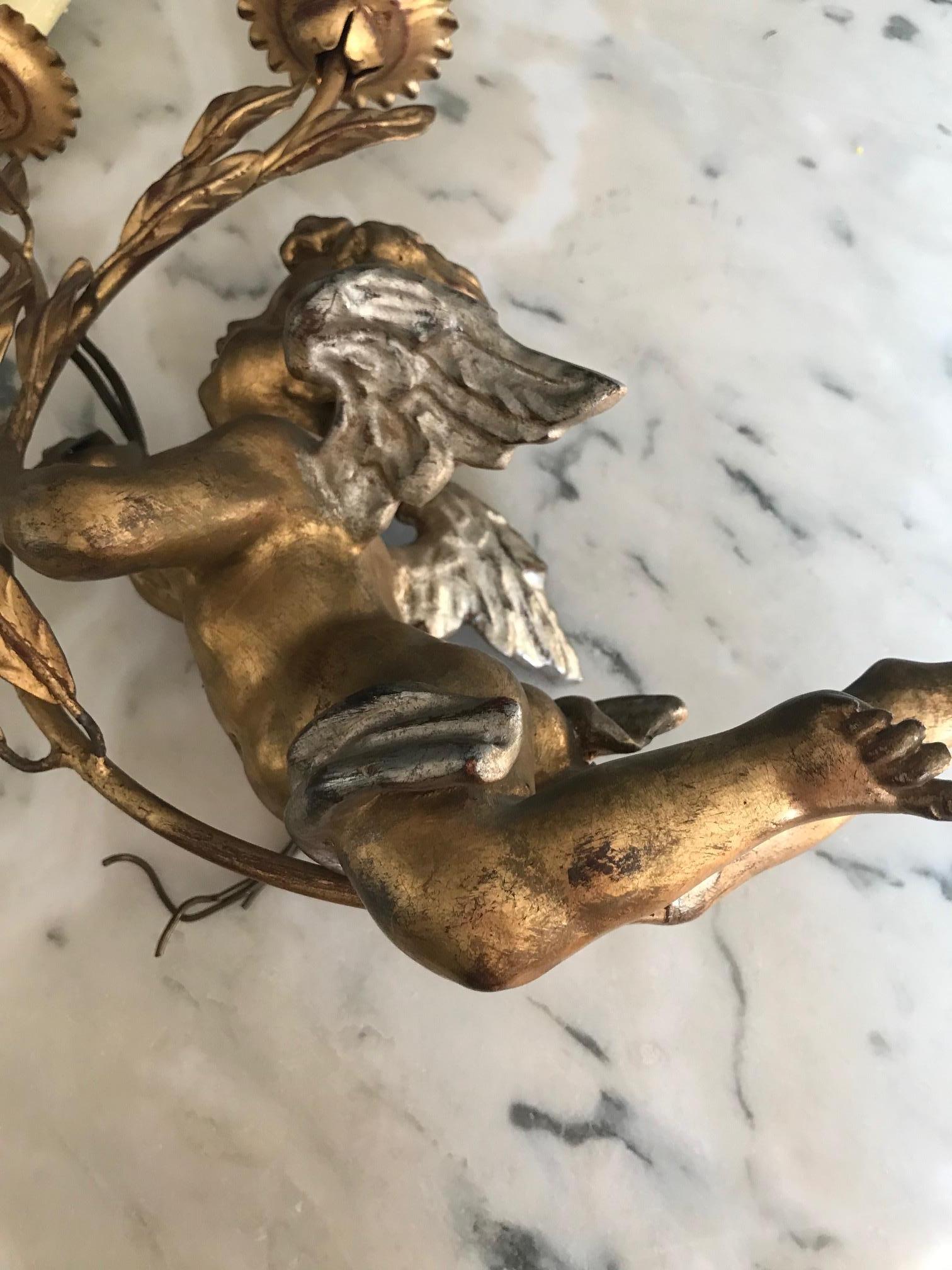 Early 20th Century French Golden Wood Pair of Angel Sconces 3