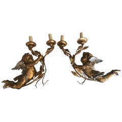 Early 20th Century French Golden Wood Pair of Angel Sconces