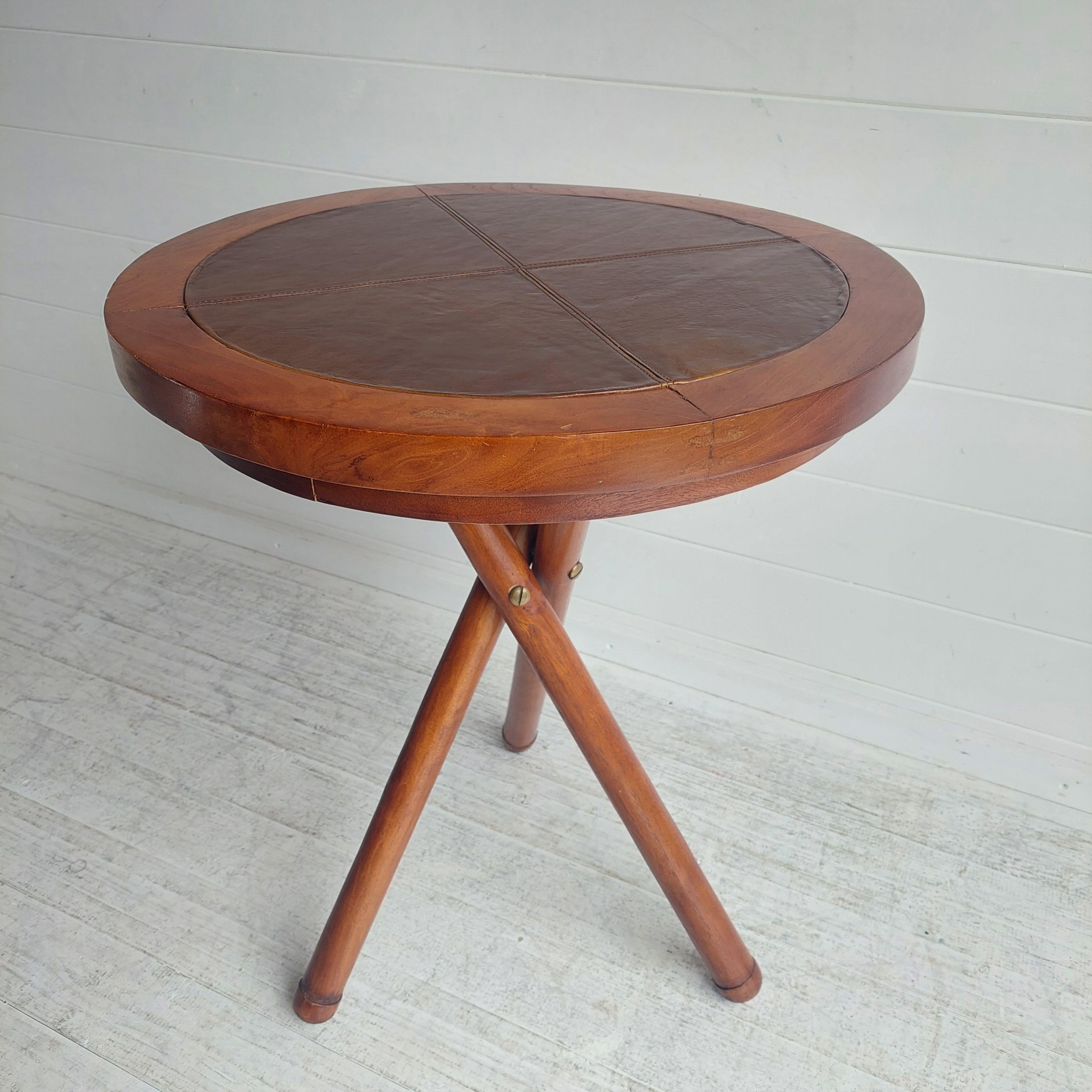 Early 20t century Folding tripod campaign  teak and leather  side Table, 40s 5