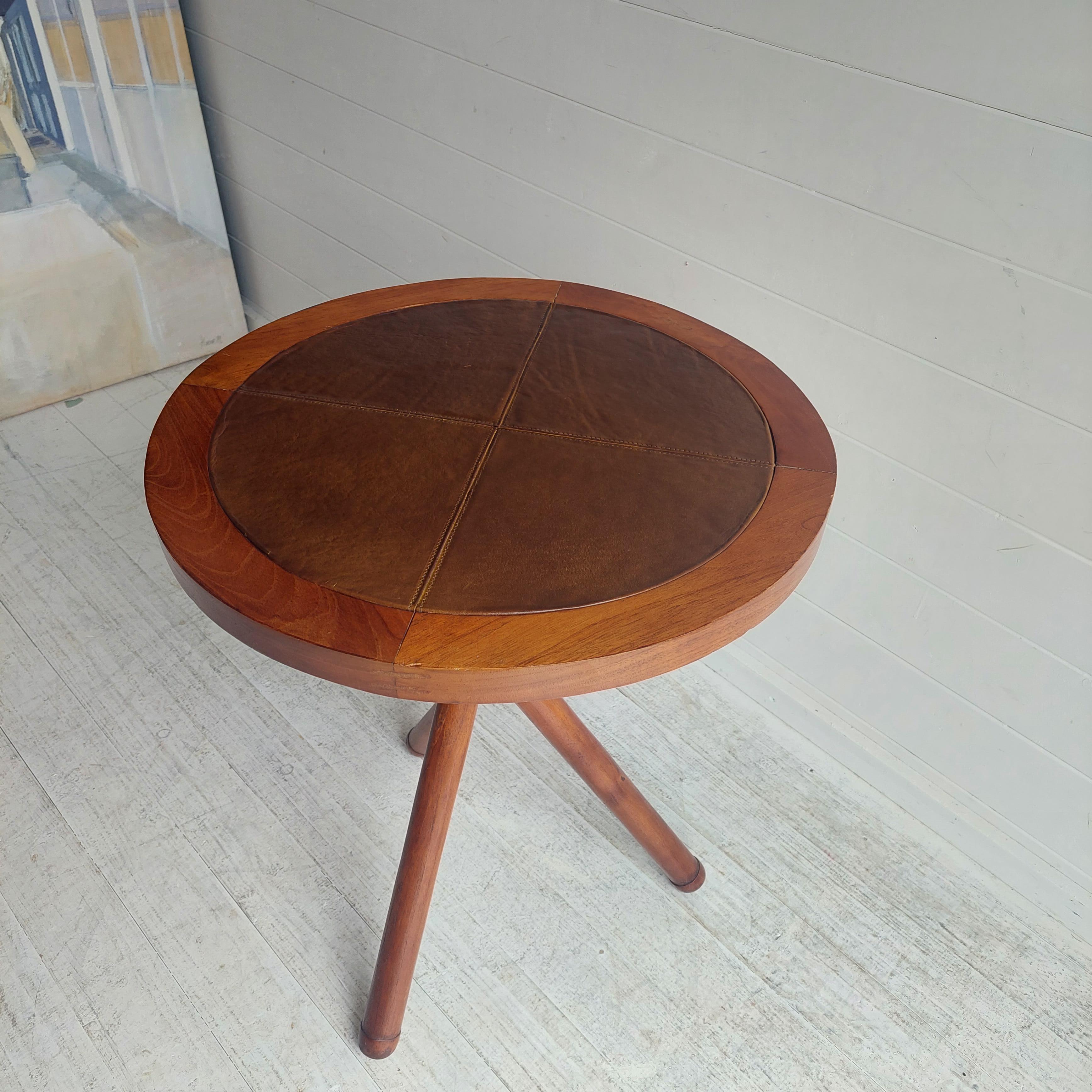 Early 20t century Folding tripod campaign  teak and leather  side Table, 40s 6