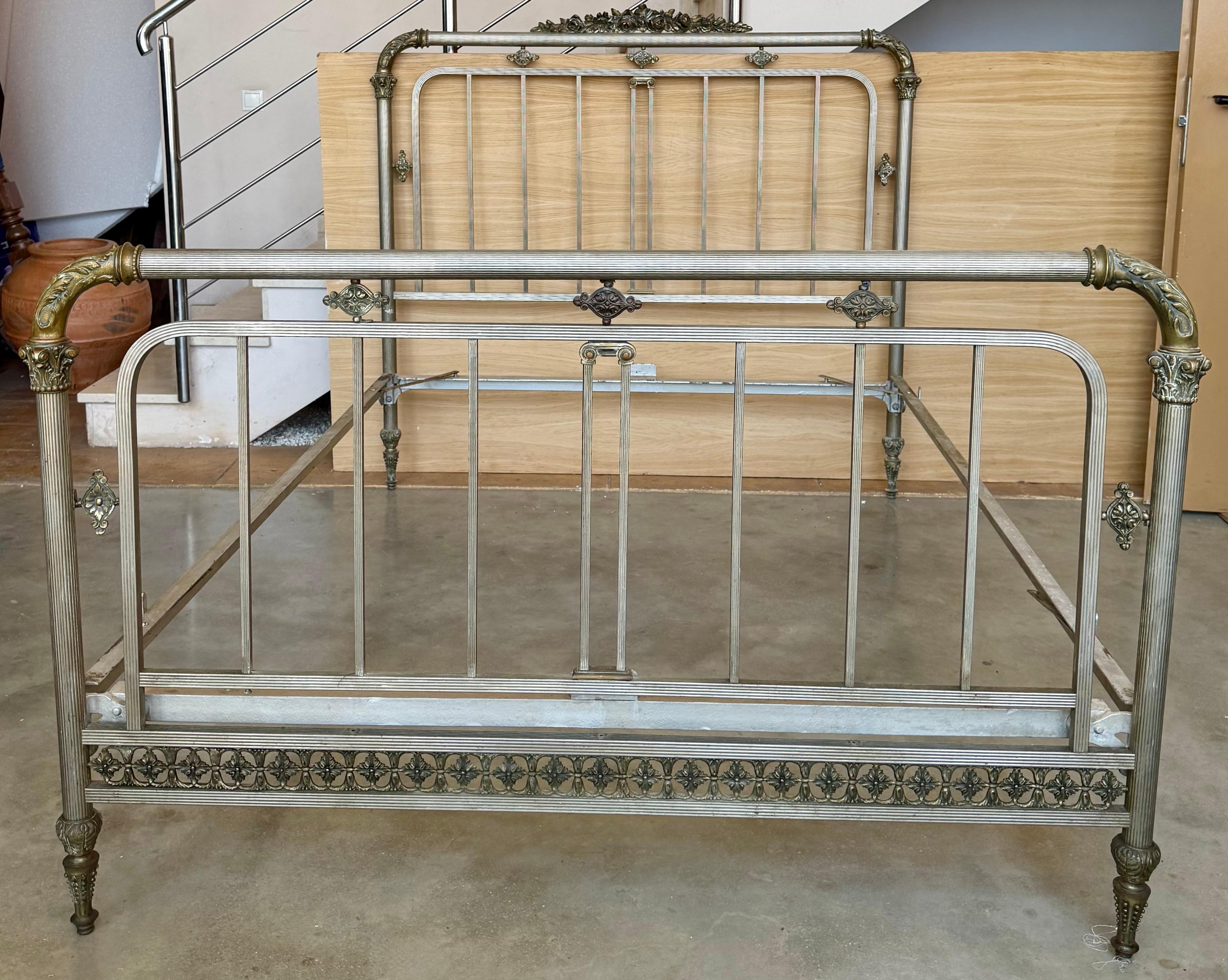 Neoclassical Early 20th Antique French Brass  & Bronze Bed , Doble Size For Sale