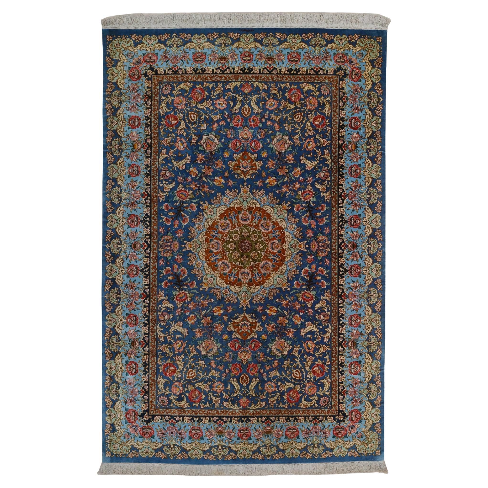 Early 20th Antique Signed Silk Qum Rug For Sale