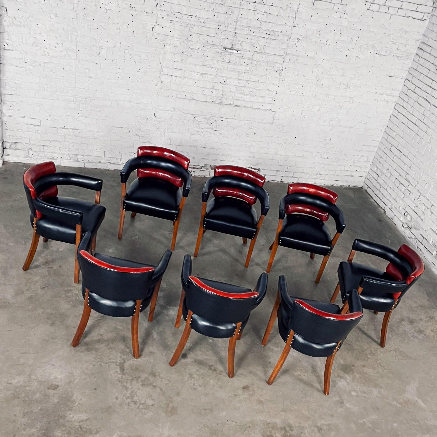 Early 20th Art Deco Dining Chairs Set 8 with Red & Black Leather & Wood Frames For Sale 4