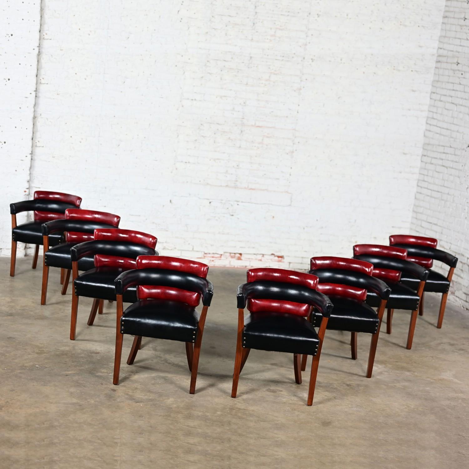 Early 20th Art Deco Dining Chairs Set 8 with Red & Black Leather & Wood Frames For Sale 5