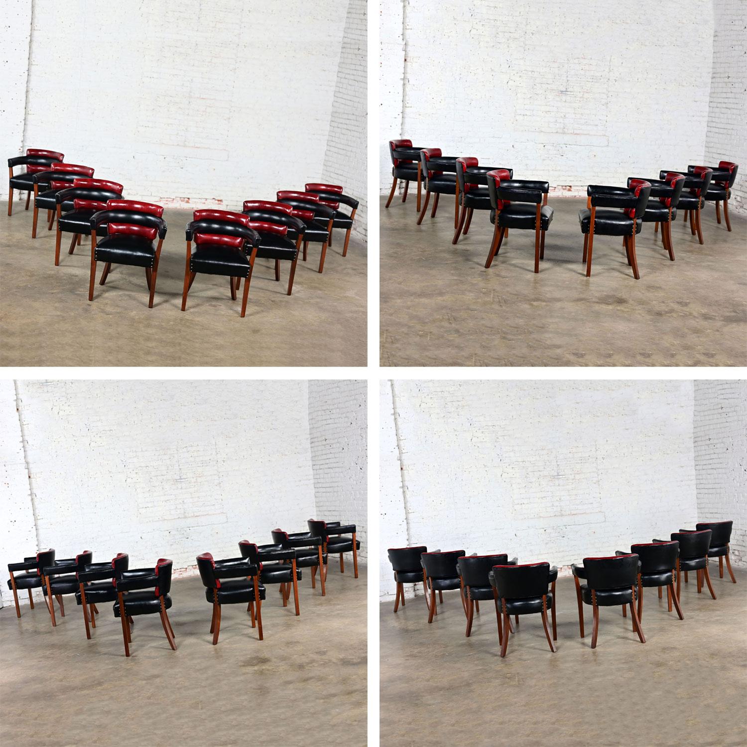 Early 20th Art Deco Dining Chairs Set 8 with Red & Black Leather & Wood Frames For Sale 6