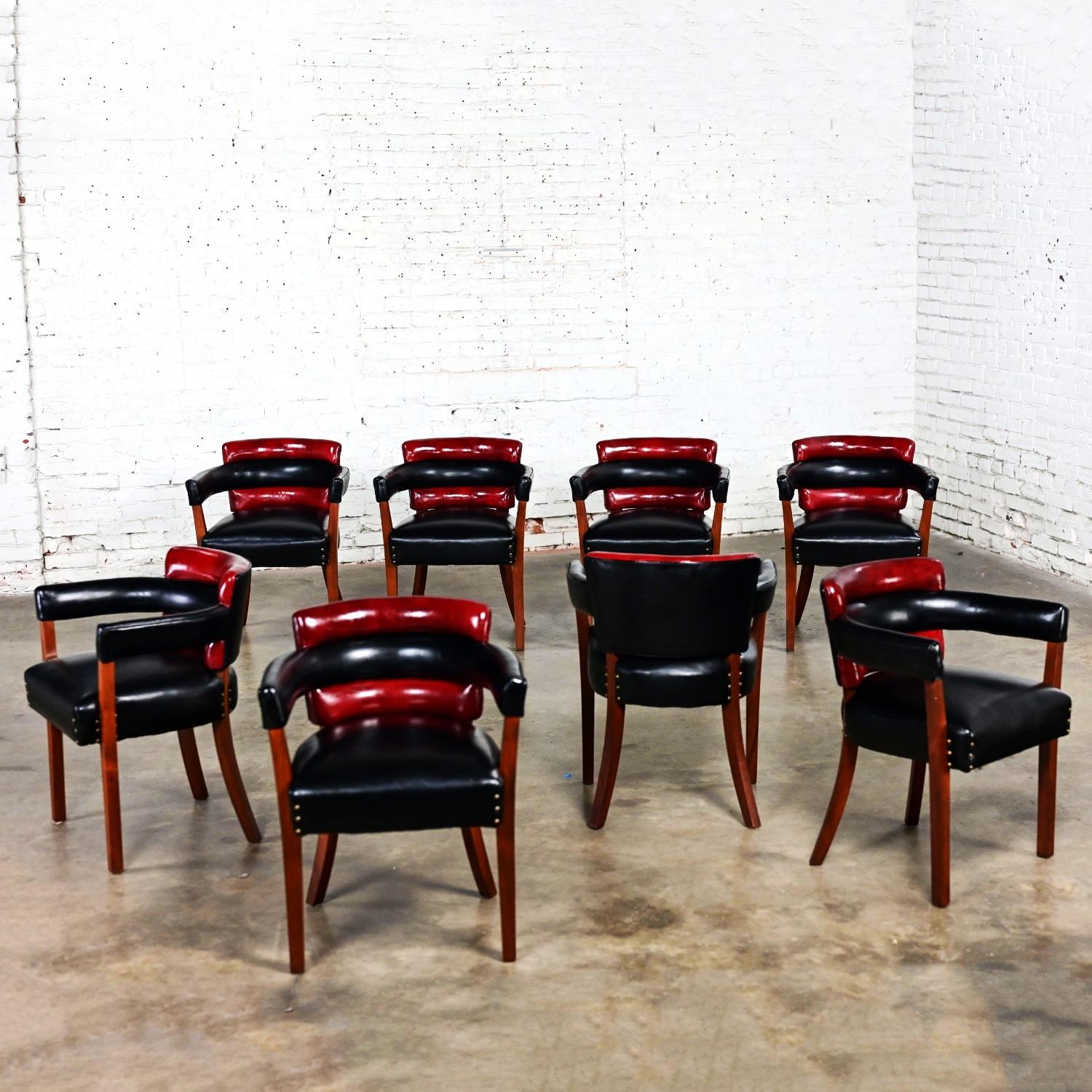 Early 20th Art Deco Dining Chairs Set 8 with Red & Black Leather & Wood Frames For Sale 12