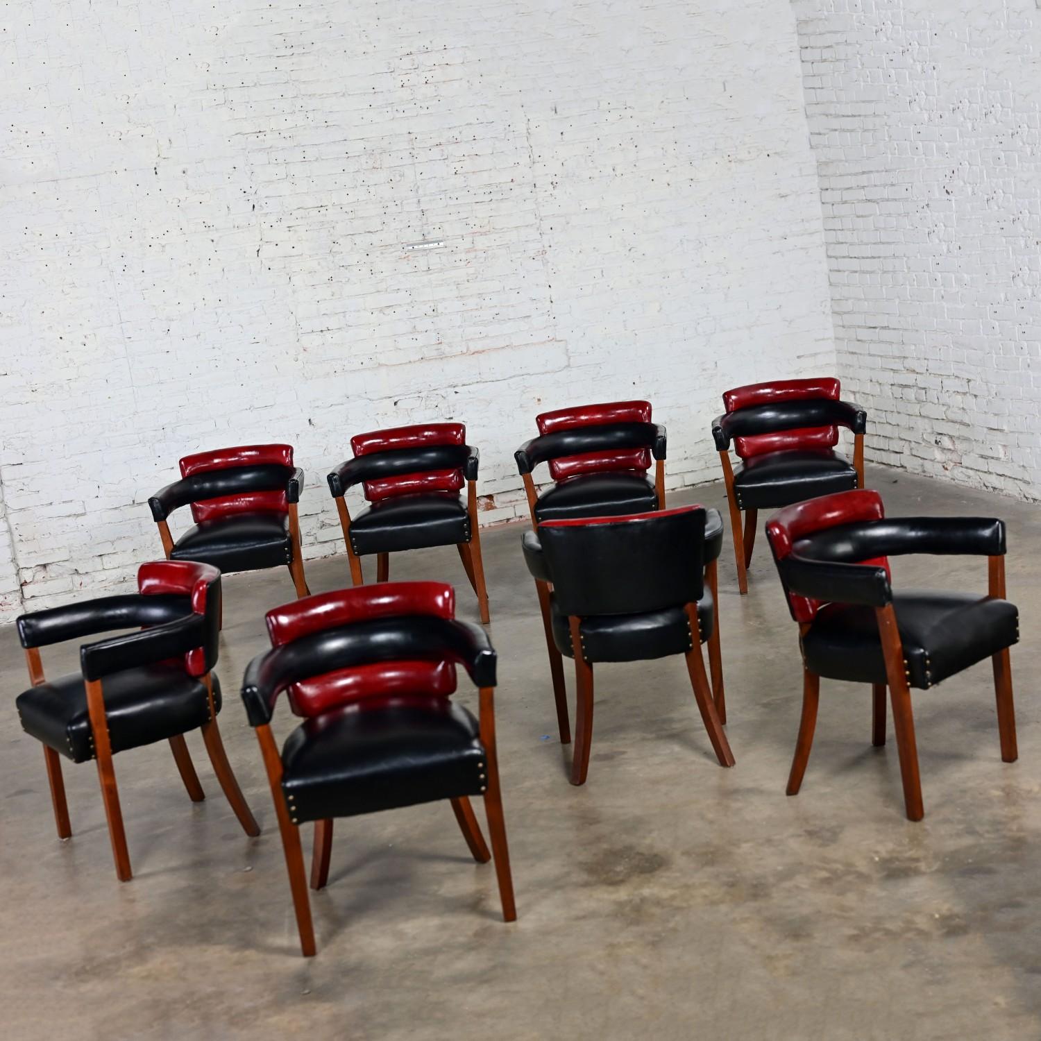 Unknown Early 20th Art Deco Dining Chairs Set 8 with Red & Black Leather & Wood Frames For Sale
