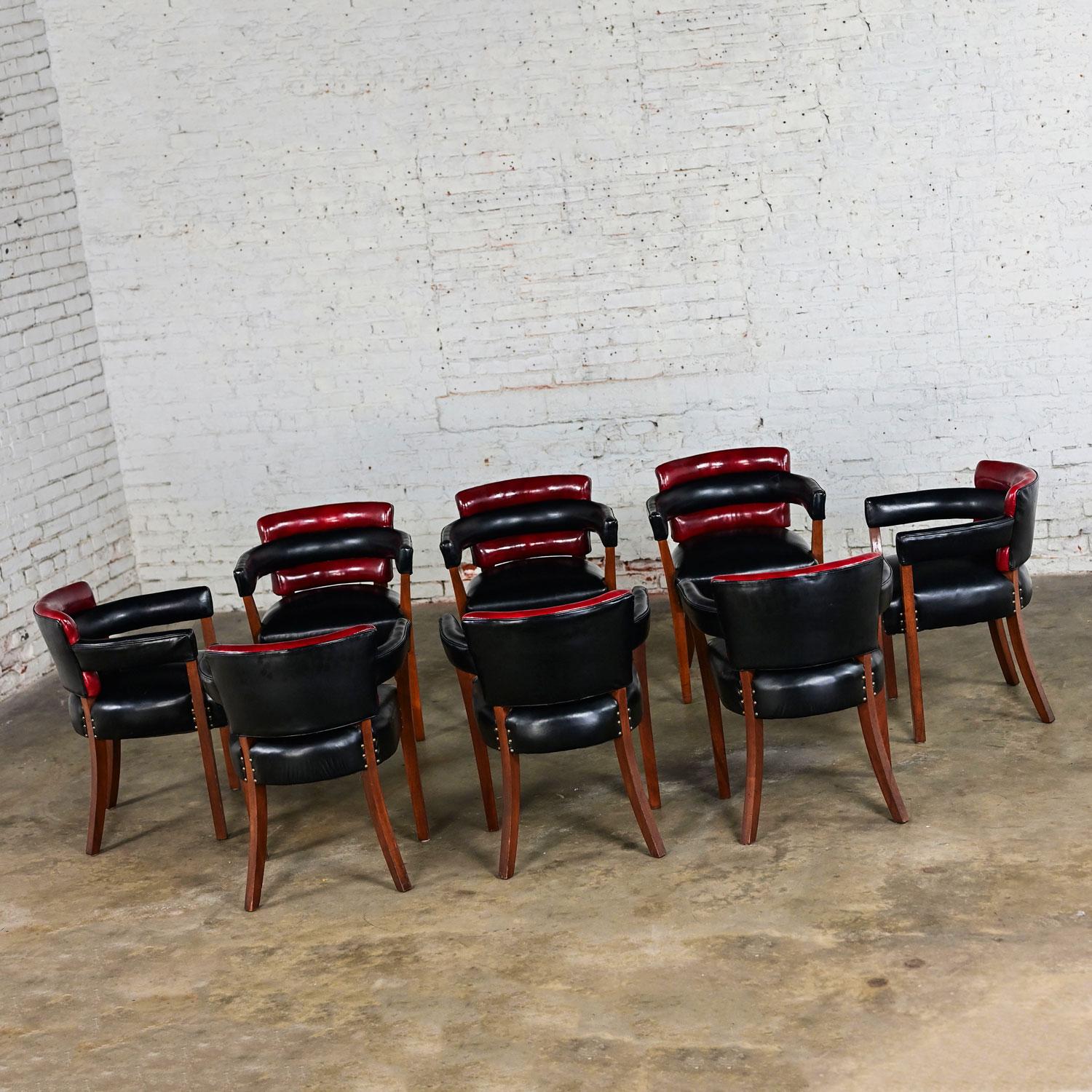 20th Century Early 20th Art Deco Dining Chairs Set 8 with Red & Black Leather & Wood Frames For Sale