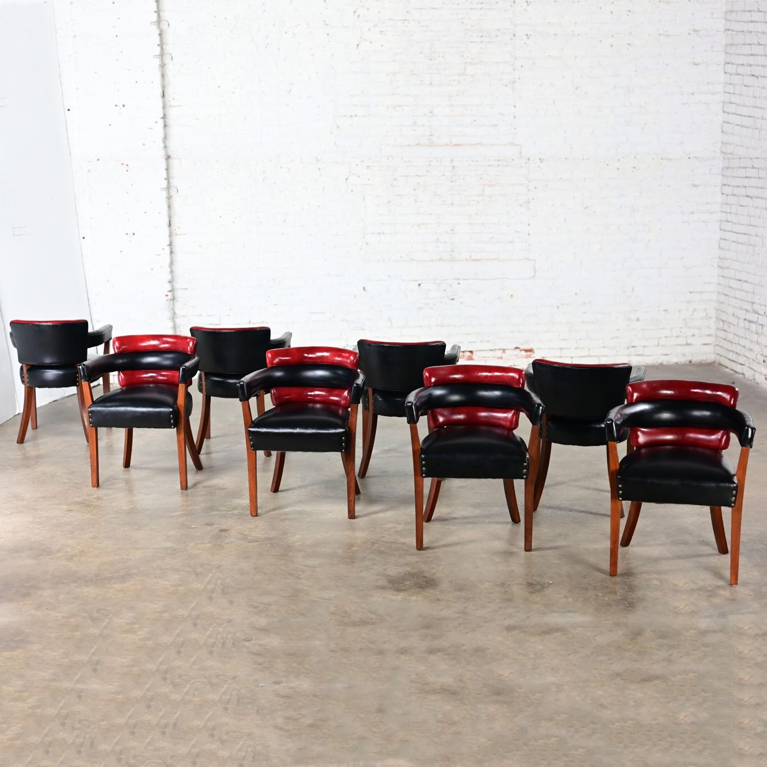 Brass Early 20th Art Deco Dining Chairs Set 8 with Red & Black Leather & Wood Frames For Sale