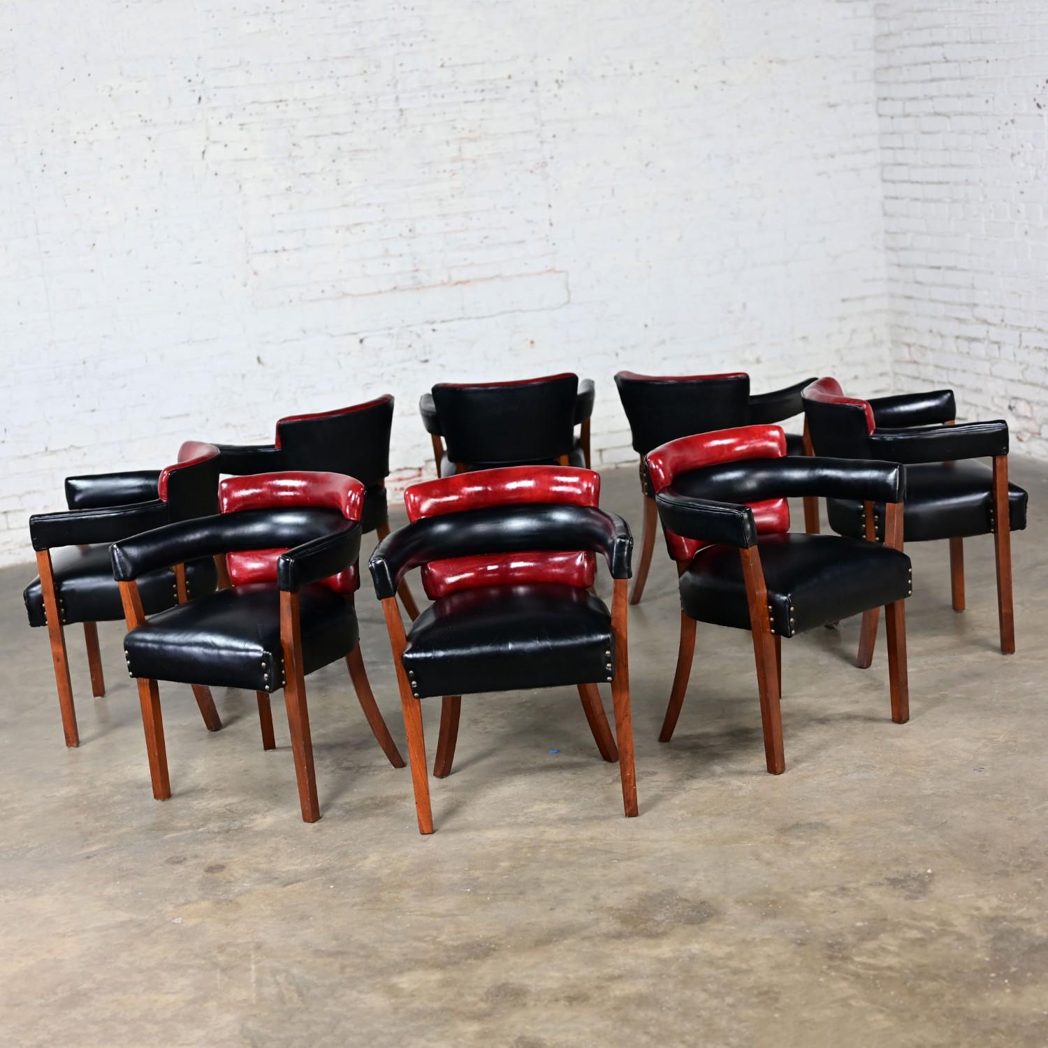 Early 20th Art Deco Dining Chairs Set 8 with Red & Black Leather & Wood Frames For Sale 1