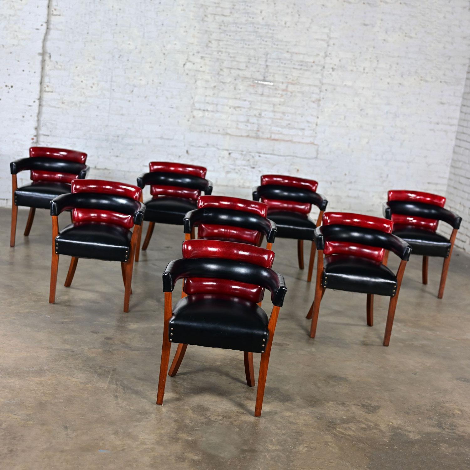 Early 20th Art Deco Dining Chairs Set 8 with Red & Black Leather & Wood Frames For Sale 2