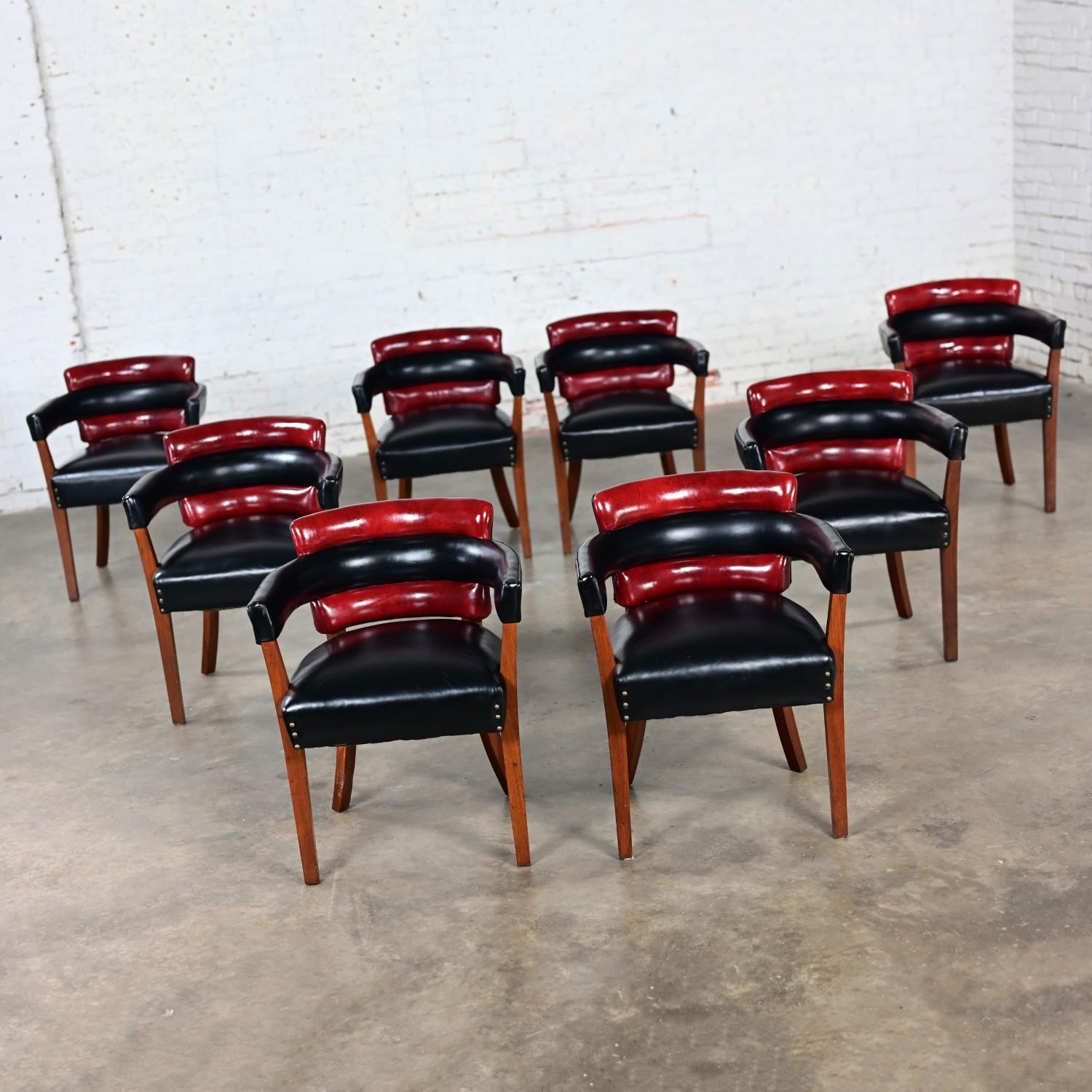 Early 20th Art Deco Dining Chairs Set 8 with Red & Black Leather & Wood Frames For Sale 3