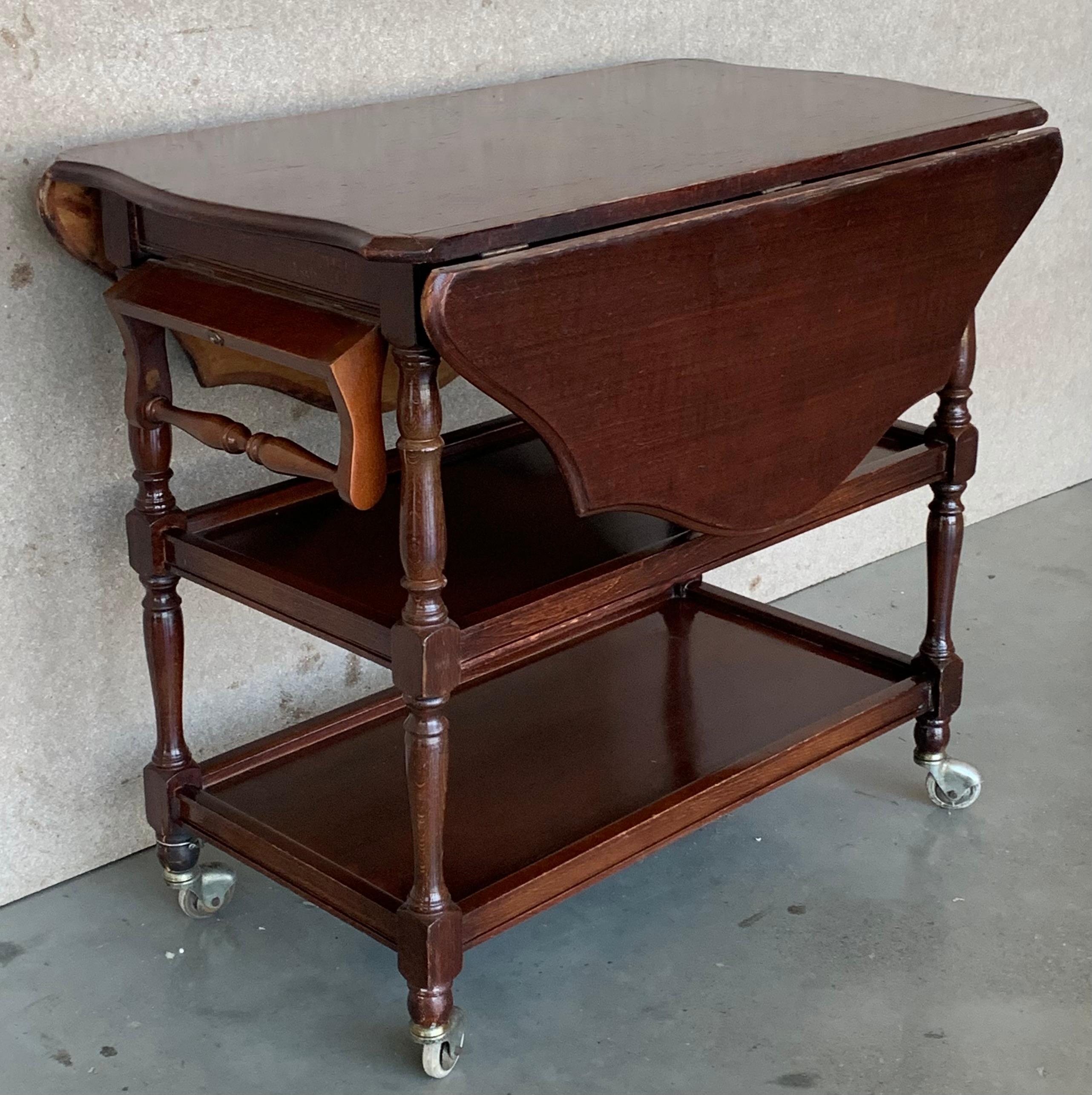 Mid-Century Modern Early 20th Bar Cart with Three Tier and Two leafs convertible in Tea Table For Sale